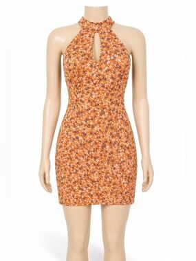 FORE Anthropologie Orange Floral Halter Keyhole Mini Dress Size L